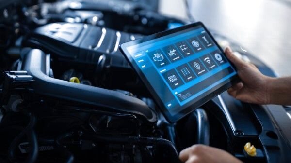 Diagnostics tablet over an open engine bay